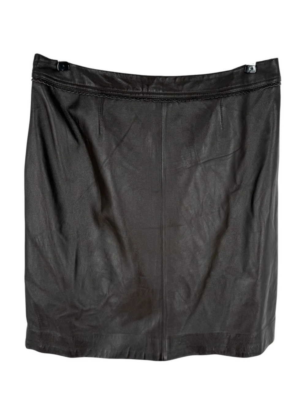 Vintage Jaclyn Smith Leather Pencil Skirt Womens Size 14 Brown Scallop Accent